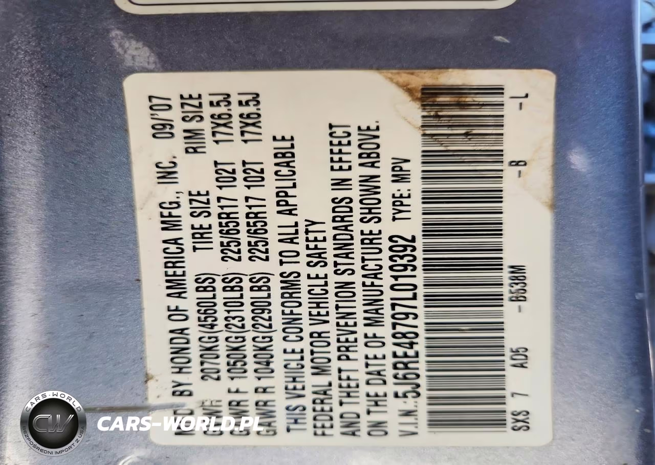 2007 Honda Cr-V Exl VIN:5J6RE48797L019392 - 12