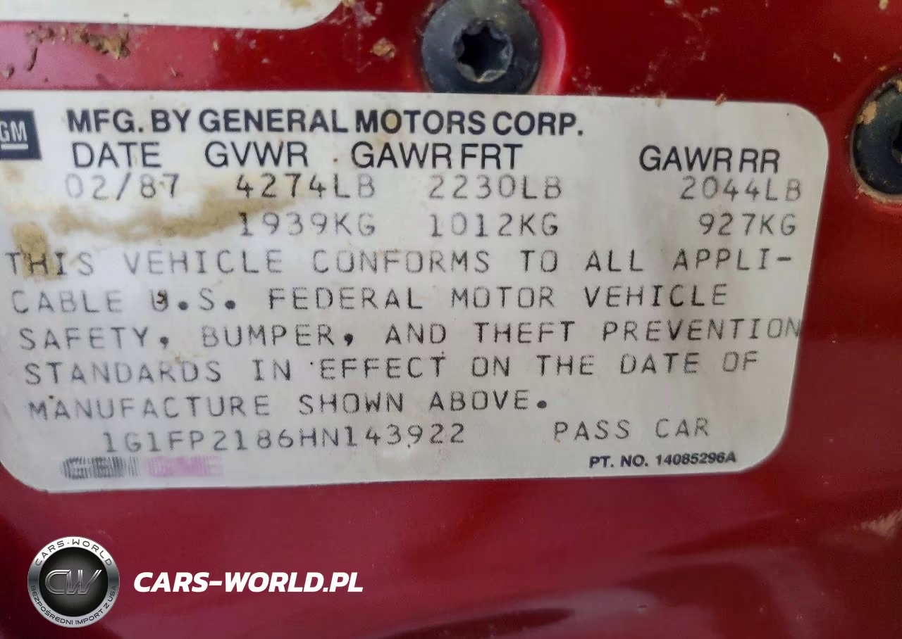 1987 Chevrolet Camaro VIN:1G1FP2186HN143922 - 12