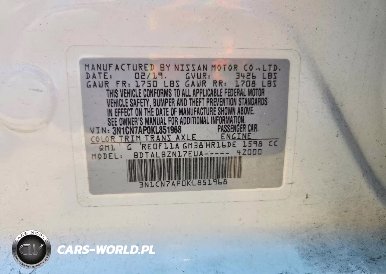 2019 Nissan Versa Sv VIN:3N1CN7AP0KL851968 - 12
