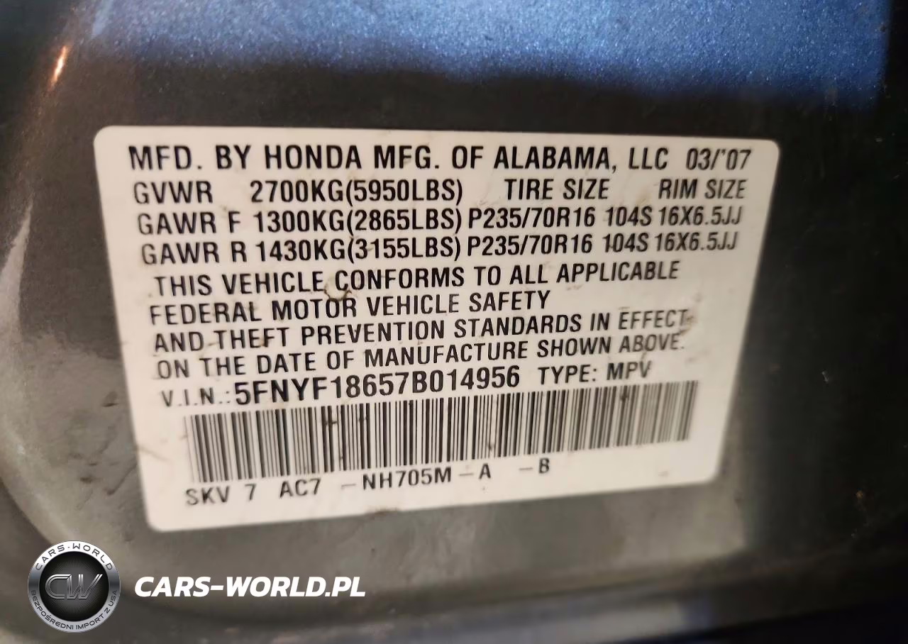 2007 Honda Pilot Exl VIN:5FNYF18657B014956 - 13
