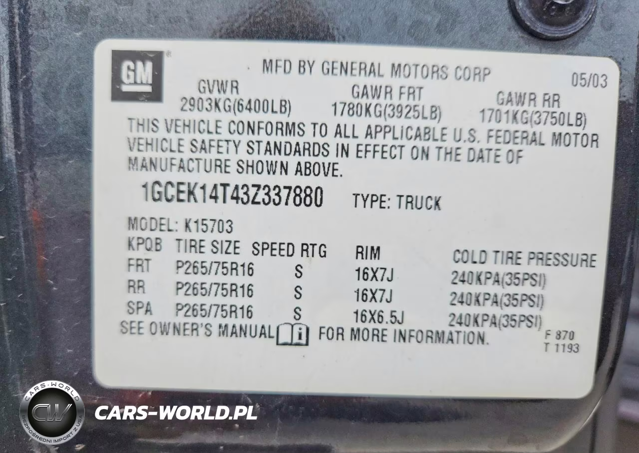 2003 Chevrolet Silverado K1500 VIN:1GCEK14T43Z337880 - 12