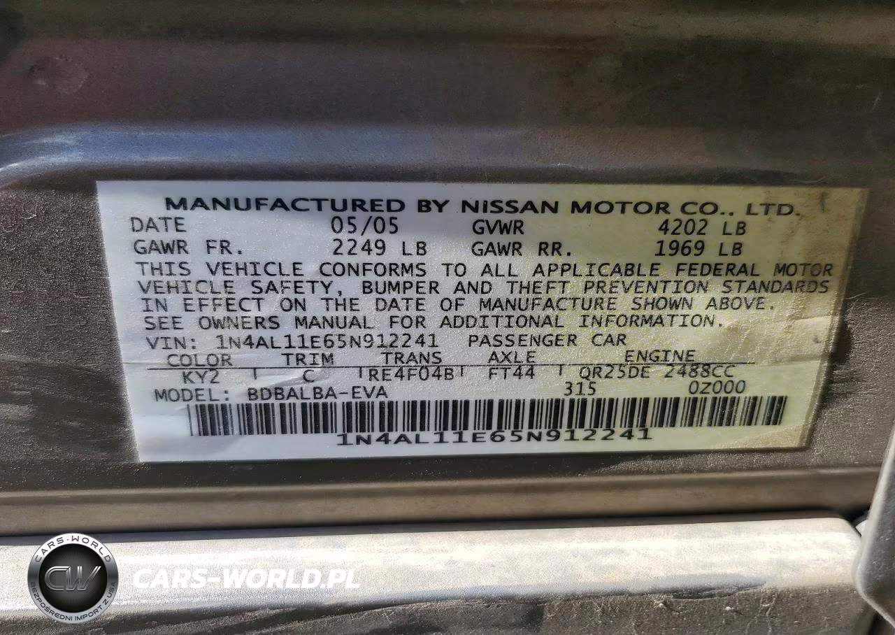 2005 Nissan Altima S VIN:1N4AL11E65N912241 - 12