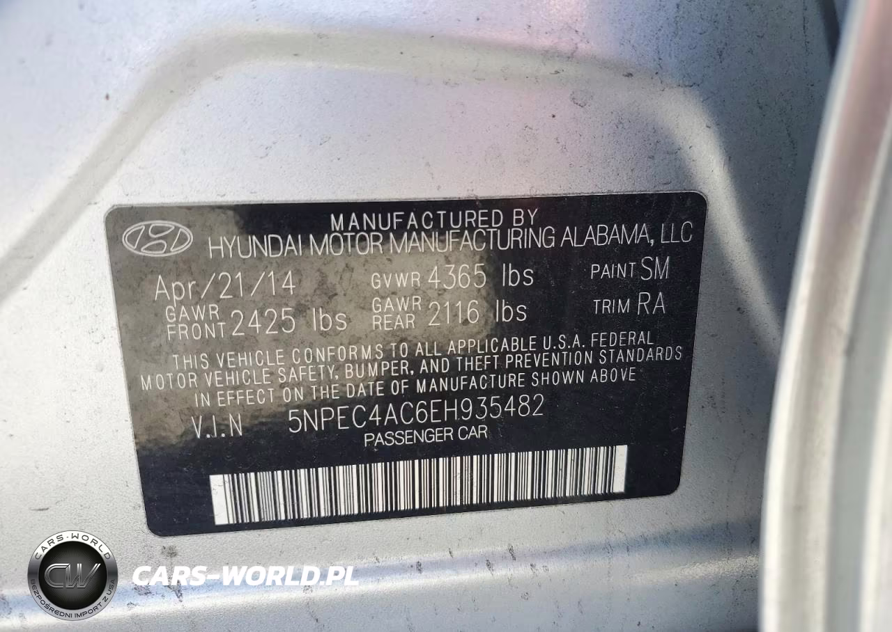 2014 Hyundai Sonata Se VIN:5NPEC4AC6EH935482 - 13