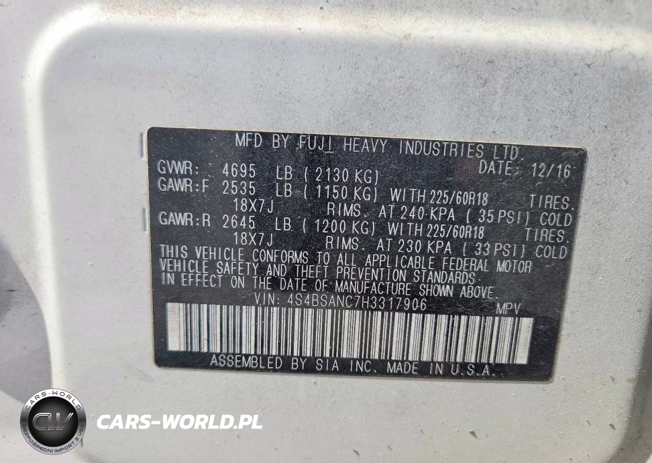 2017 Subaru Outback 2.5I Limited VIN:4S4BSANC7H3317906 - 12