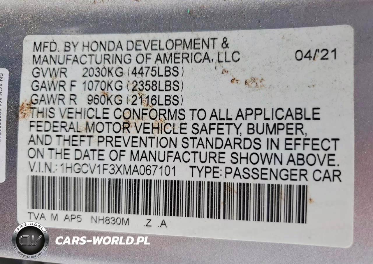 2021 Honda Accord Sport VIN:1HGCV1F3XMA067101 - 12
