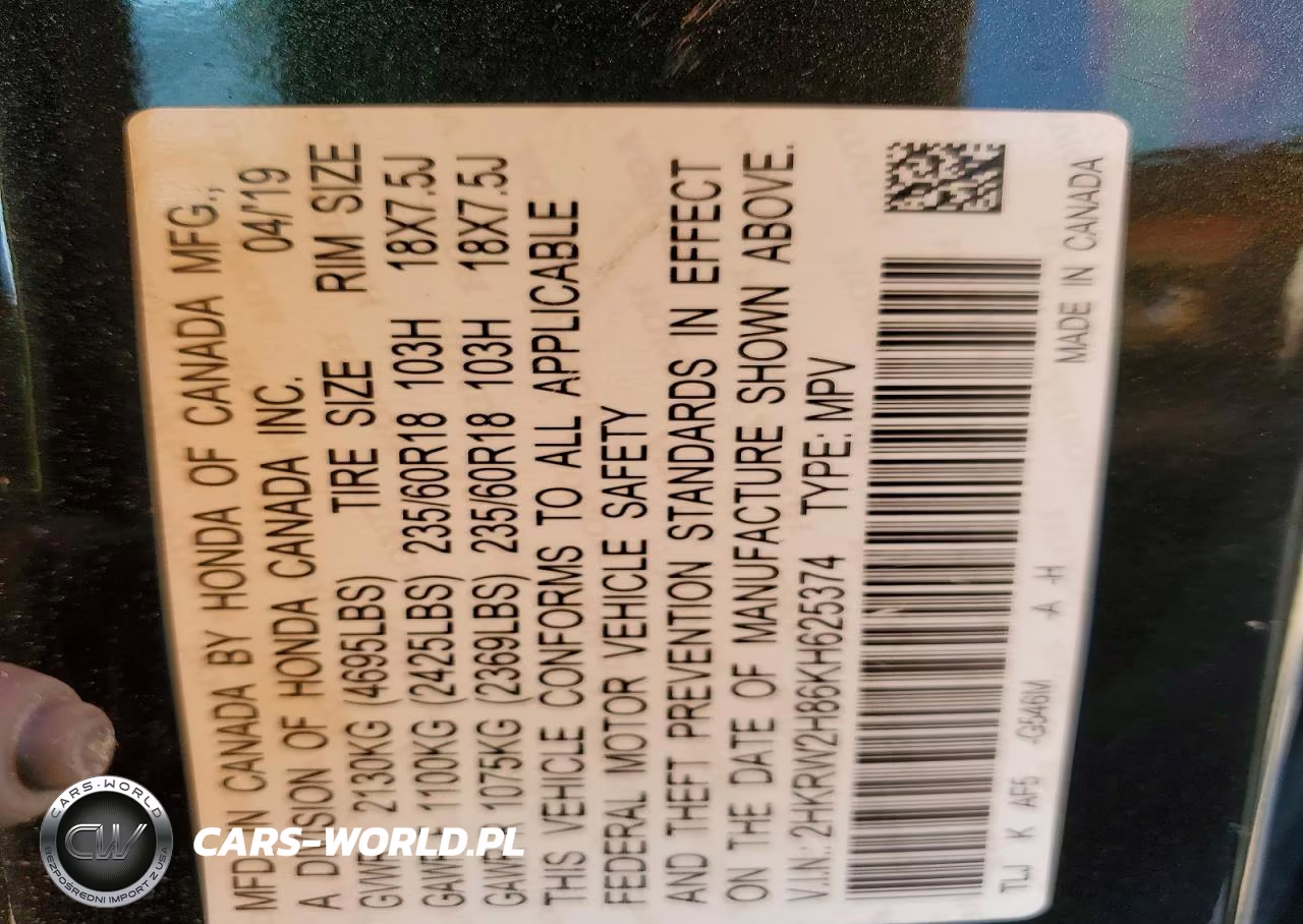 2019 Honda Cr-V Exl VIN:2HKRW2H86KH625374 - 13