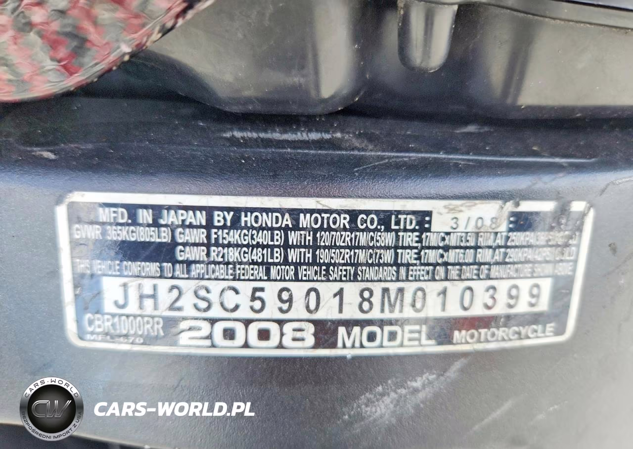 2008 Honda Cbr1000 Rr VIN:JH2SC59018M010399 - 8