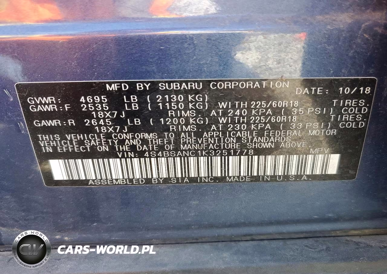 2019 Subaru Outback 2.5I Limited VIN:4S4BSANC1K3251778 - 13