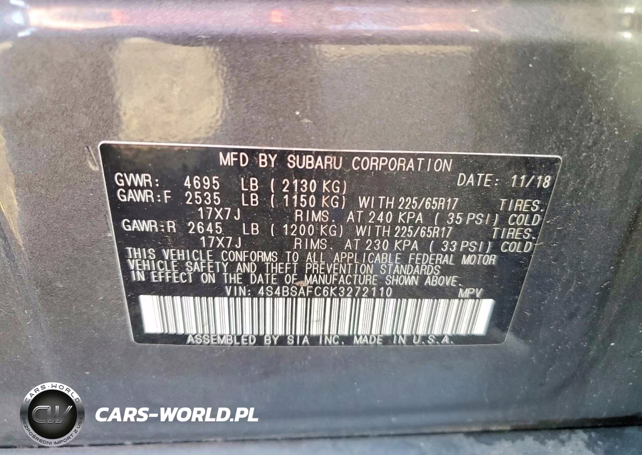 2019 Subaru Outback 2.5I Premium VIN:4S4BSAFC6K3272110 - 12