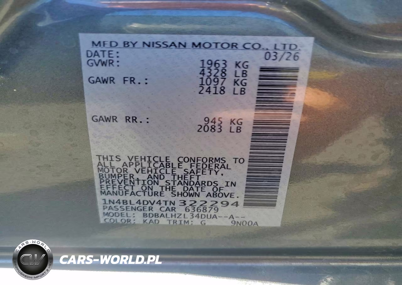 2026 Nissan Altima Sv VIN:1N4BL4DV4TN322294 - 12