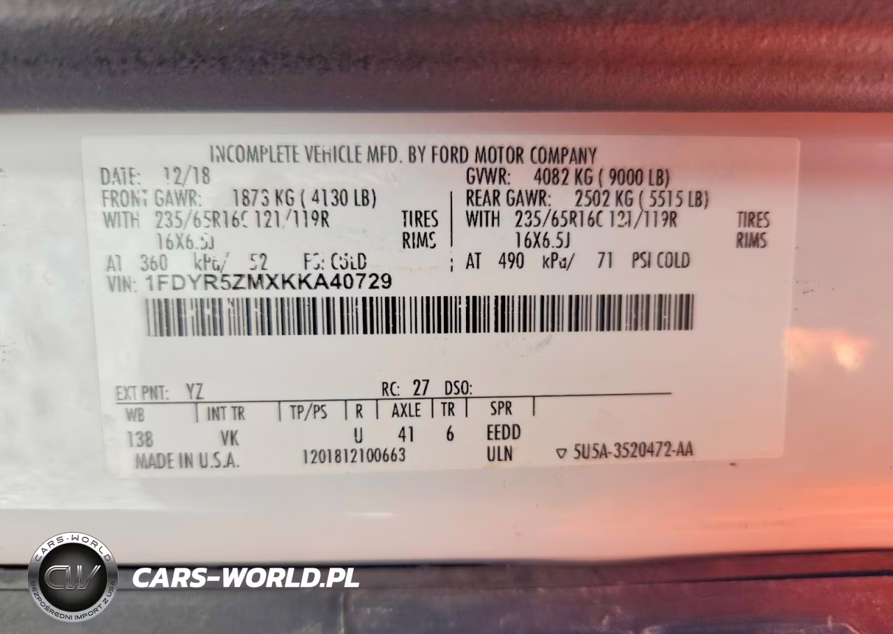2019 Ford Transit T-250 VIN:1FDYR5ZMXKKA40729 - 12