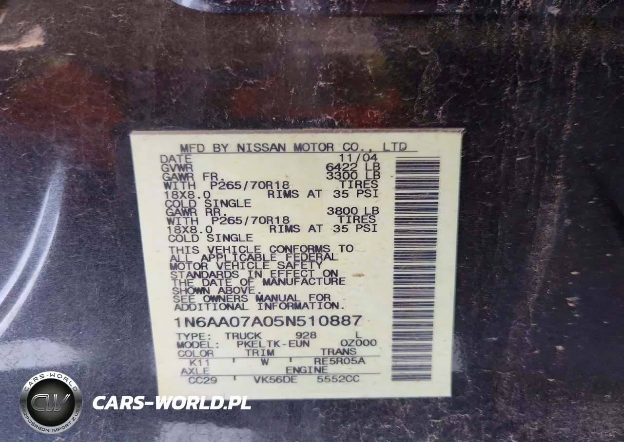 2005 Nissan Titan Xe VIN:1N6AA07A05N510887 - 12