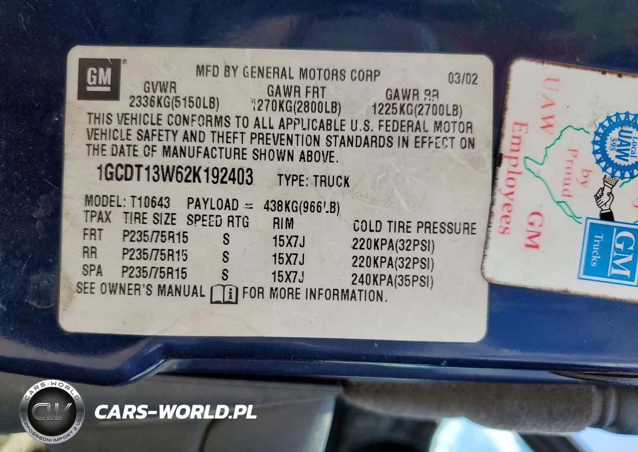 2002 Chevrolet .S10 VIN:1GCDT13W62K192403 - 12