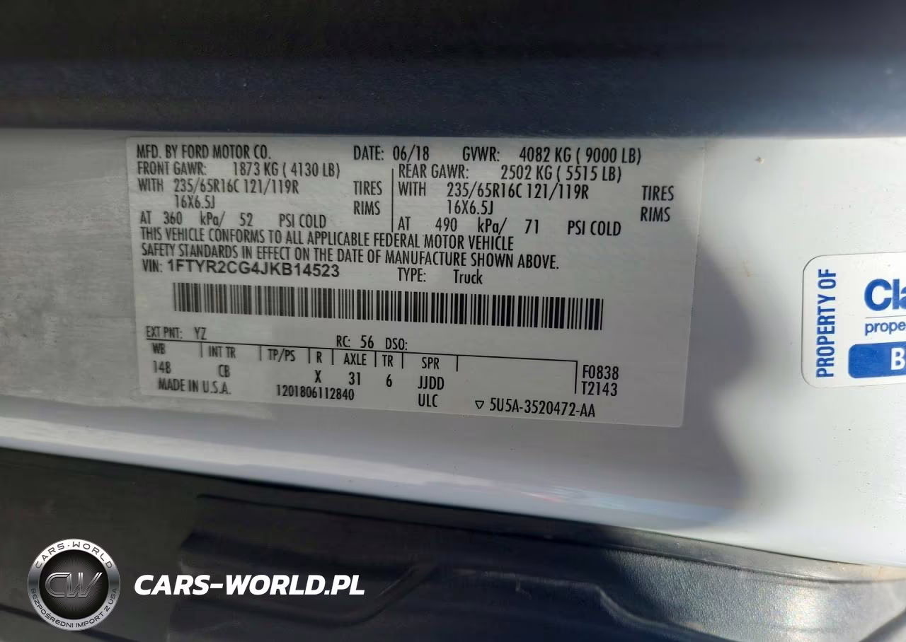2018 Ford Transit T-250 VIN:1FTYR2CG4JKB14523 - 14