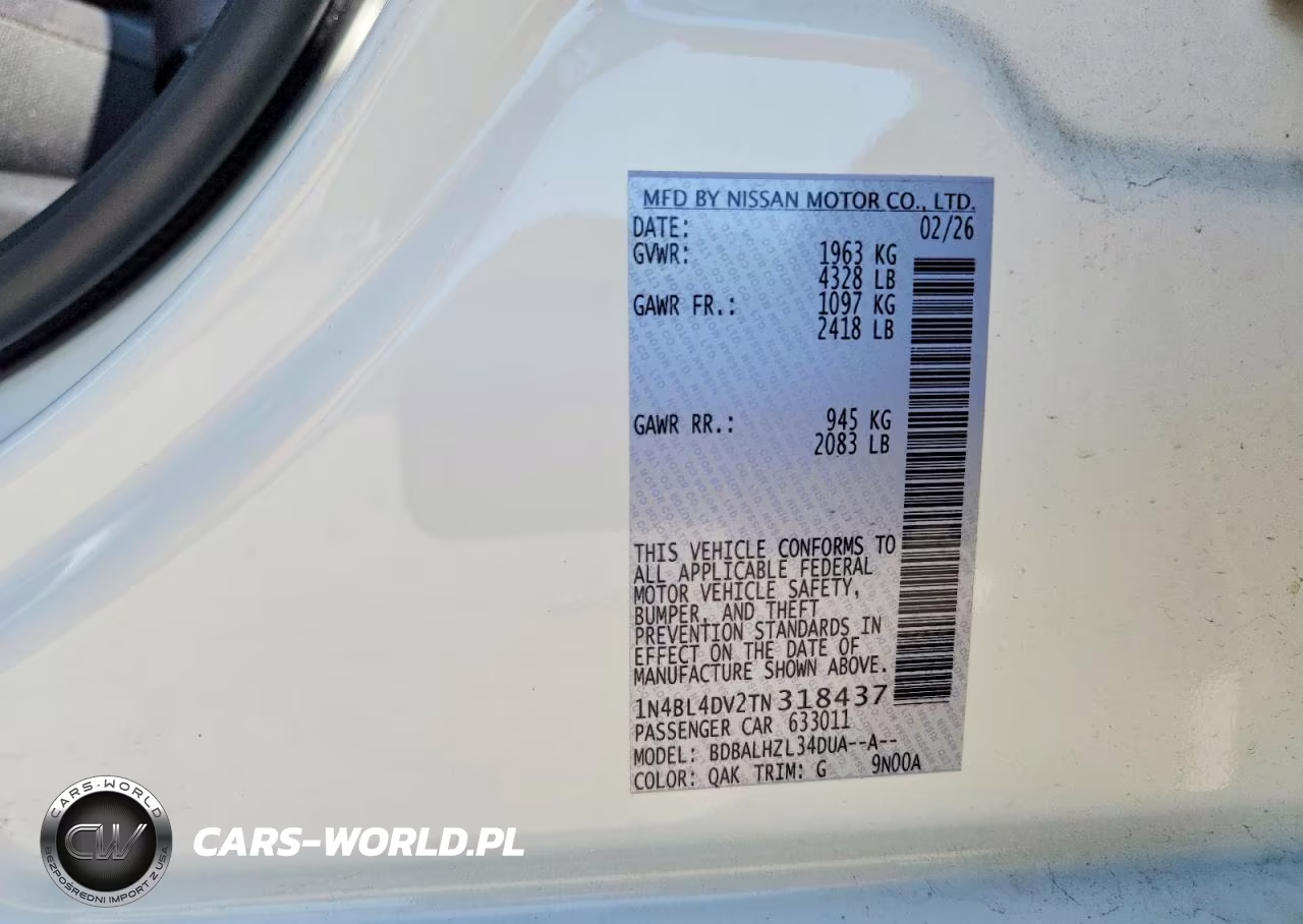 2026 Nissan Altima Sv VIN:1N4BL4DV2TN318437 - 12