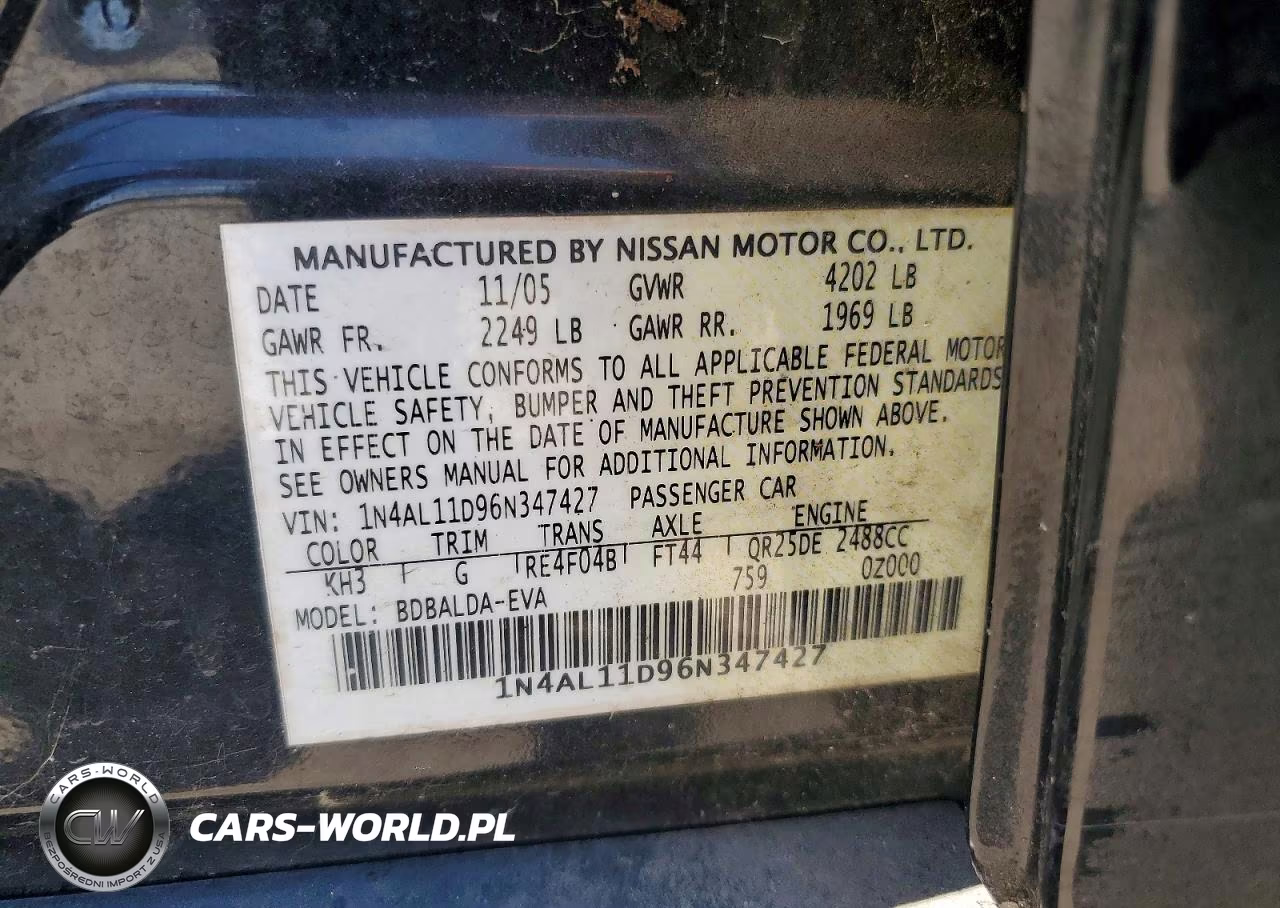 2006 Nissan Altima 2.5 VIN:1N4AL11D96N347427 - 12