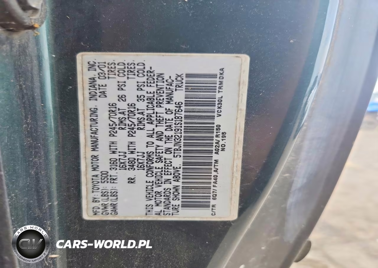 2001 Toyota Tundra Base VIN:5TBJN32191S187646 - 12