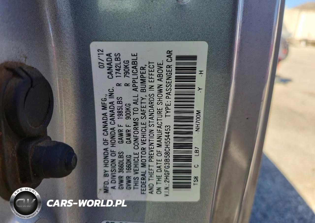 2012 Honda Civic Lx VIN:2HGFG3B58CH554453 - 12