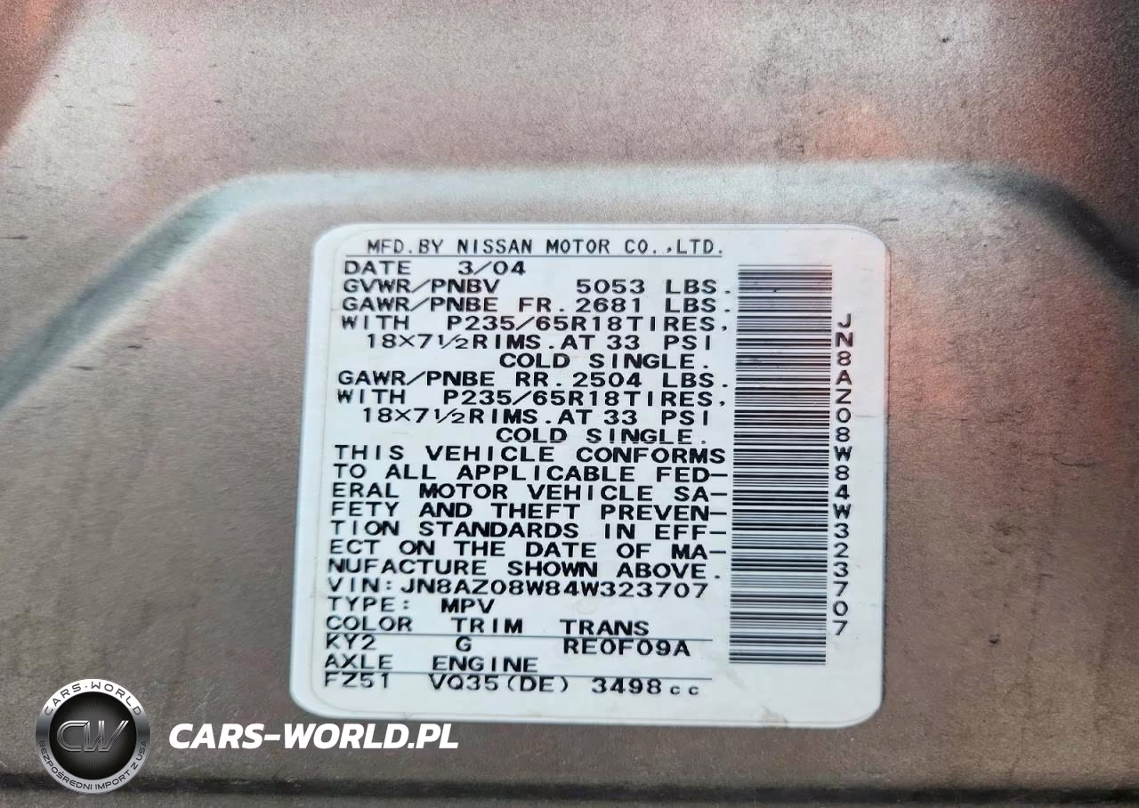 2004 Nissan Murano Sl VIN:JN8AZ08W84W323707 - 13