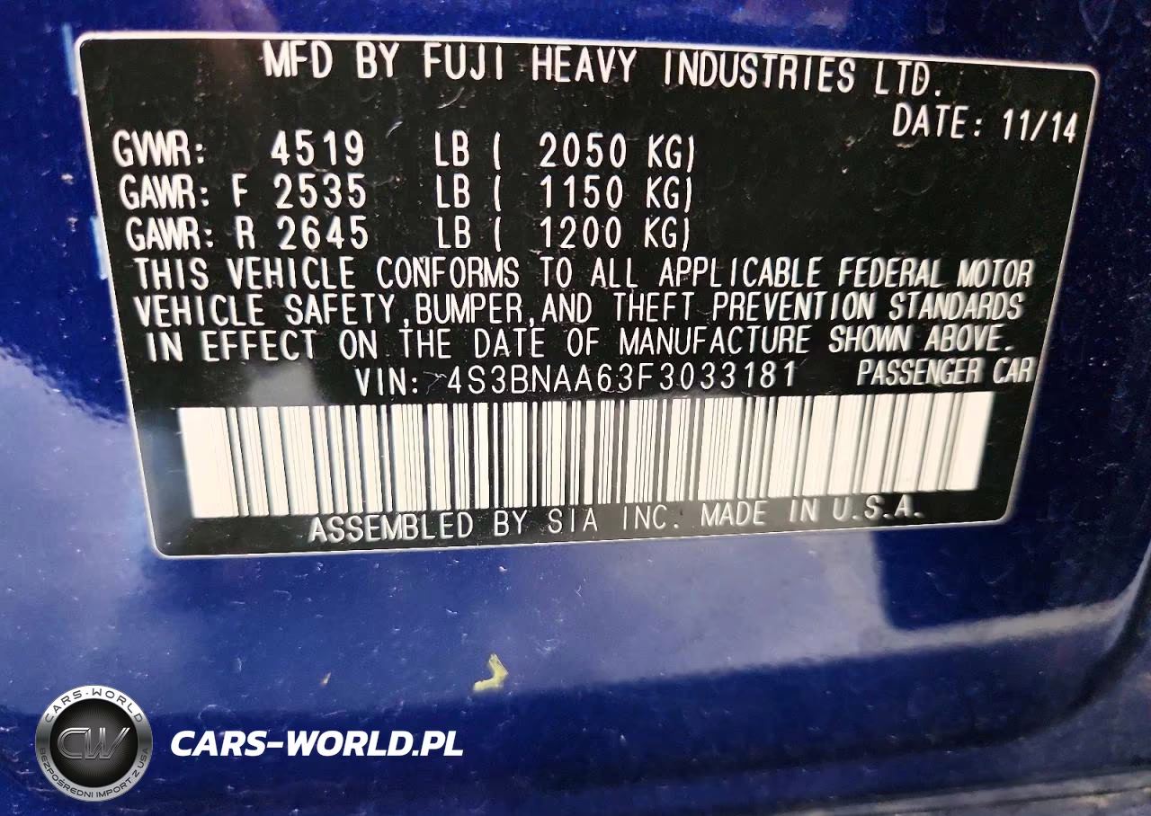 2015 Subaru Legacy 2.5I VIN:4S3BNAA63F3033181 - 12