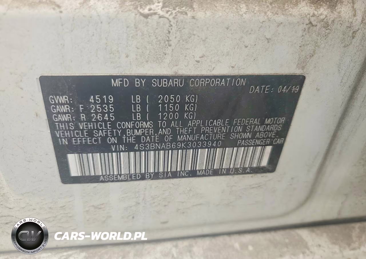 2019 Subaru Legacy 2.5I VIN:4S3BNAB69K3033940 - 12