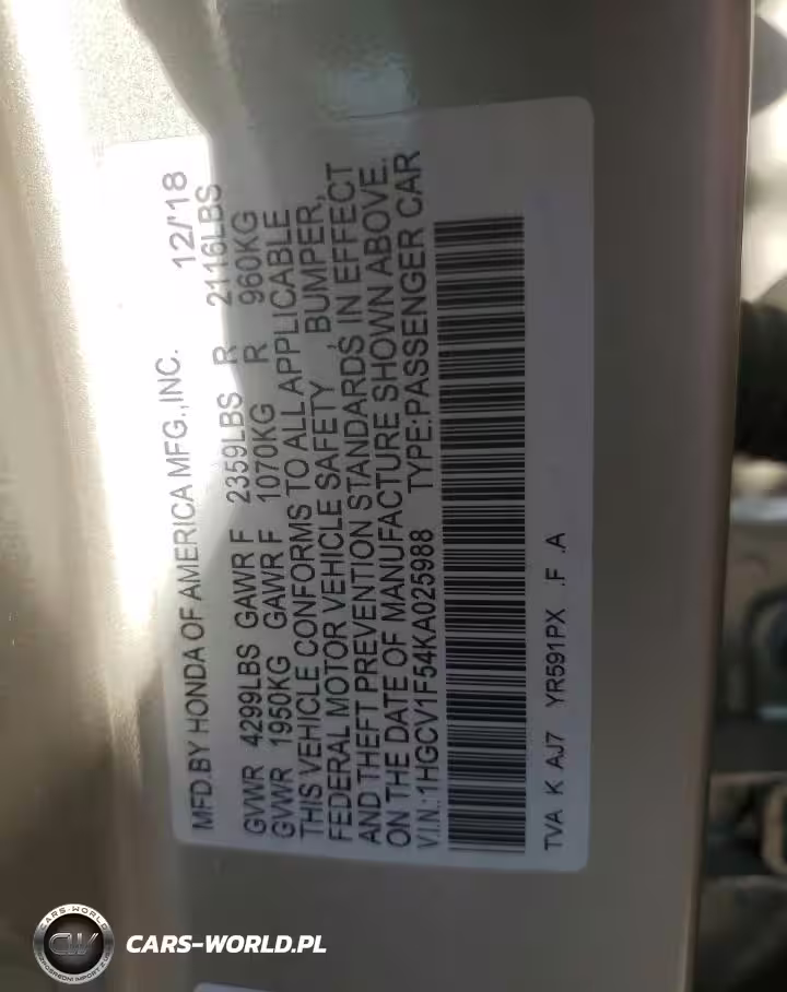 2019 Honda Accord Exl VIN:1HGCV1F54KA025988 - 12
