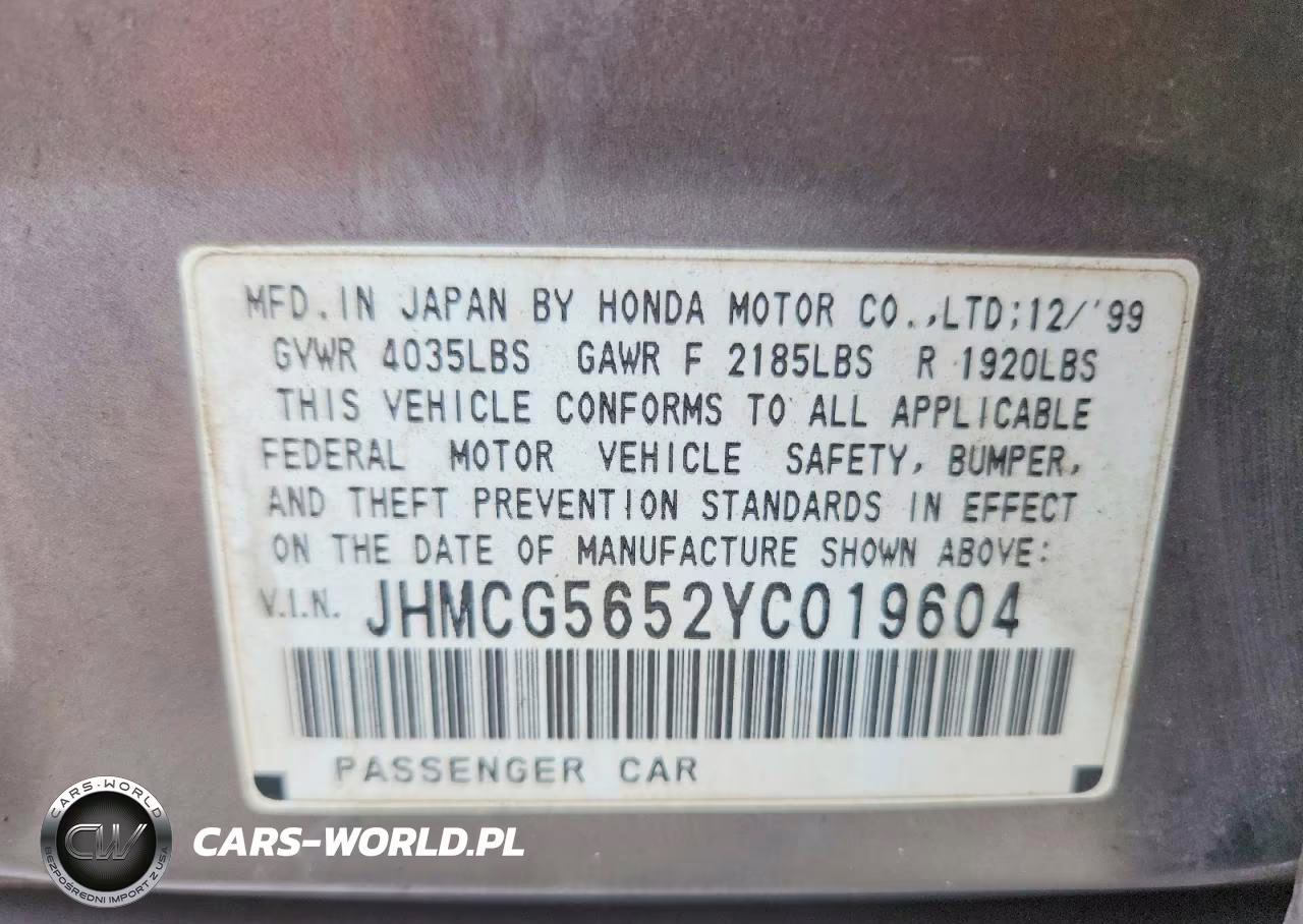 2000 Honda Accord Ex VIN:JHMCG5652YC019604 - 12