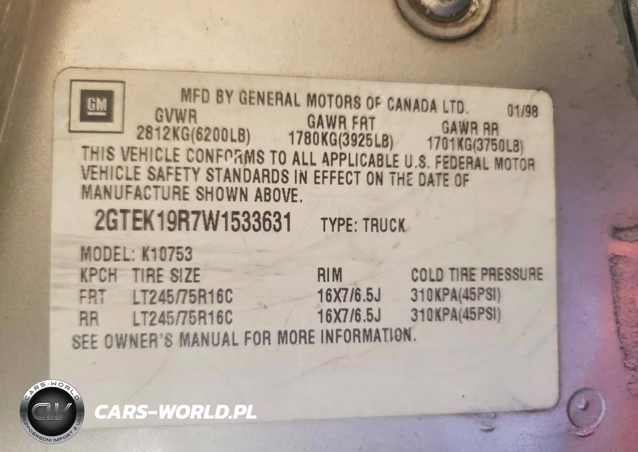 1998 GMC 1500 Slt VIN:2GTEK19R7W1533631 - 12
