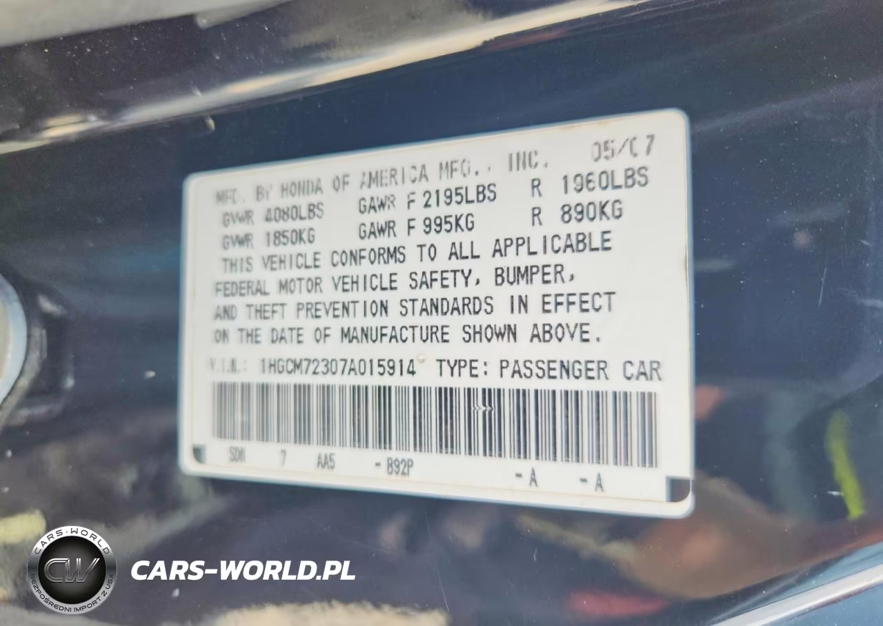 2007 Honda Accord Lx VIN:1HGCM72307A015914 - 12