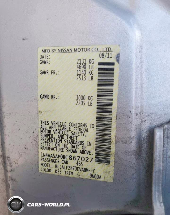 2011 Nissan Maxima 3.5 S VIN:1N4AA5AP0BC867027 - 12
