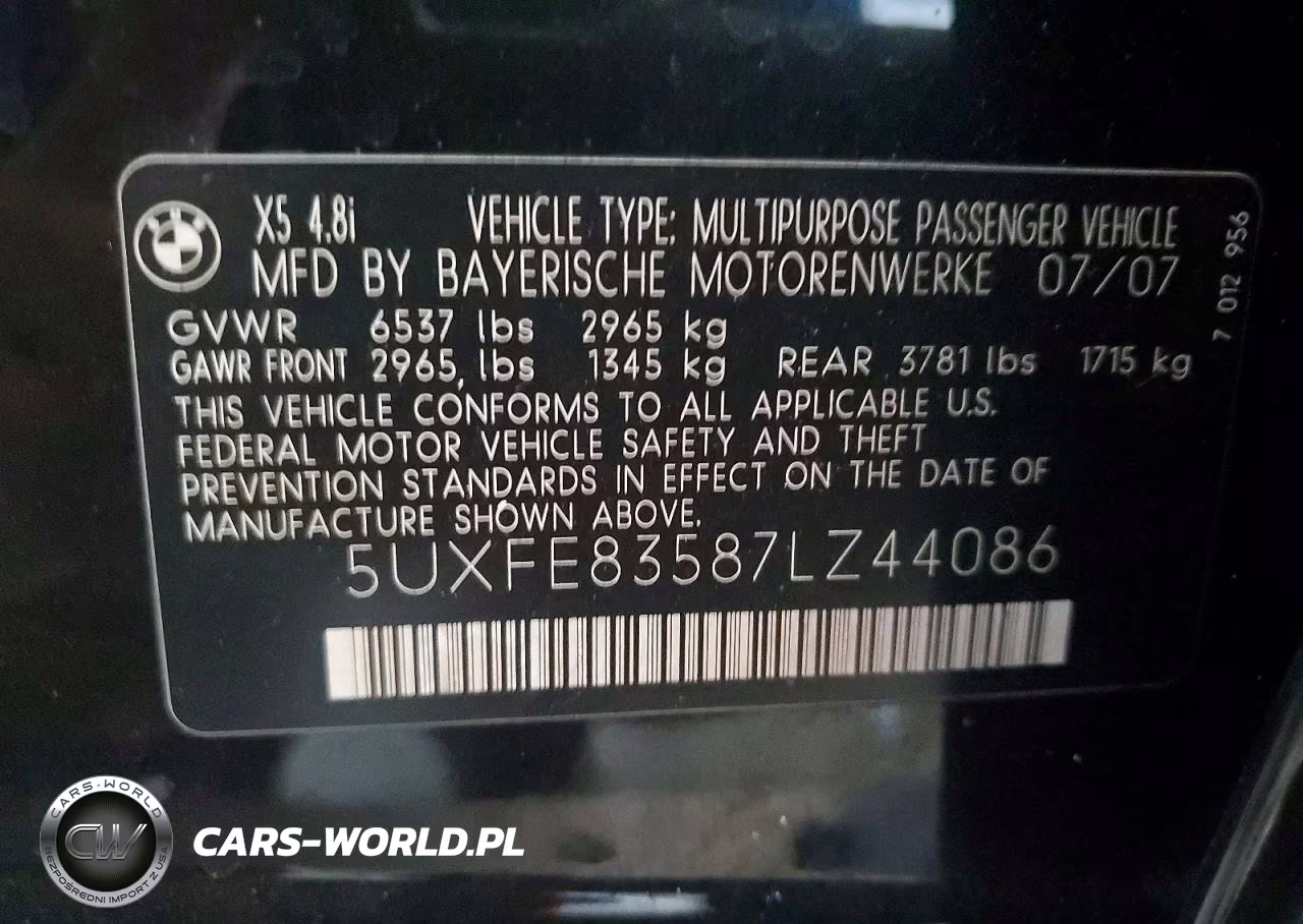 2007 BMW X5 4.8I VIN:5UXFE83587LZ44086 - 13