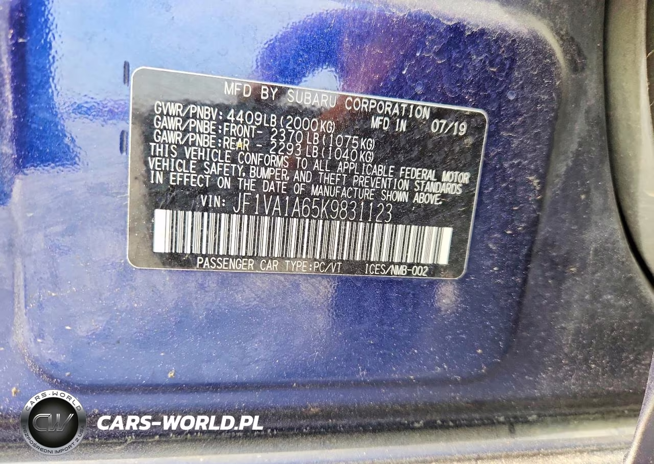 2019 Subaru Wrx VIN:JF1VA1A65K9831123 - 12
