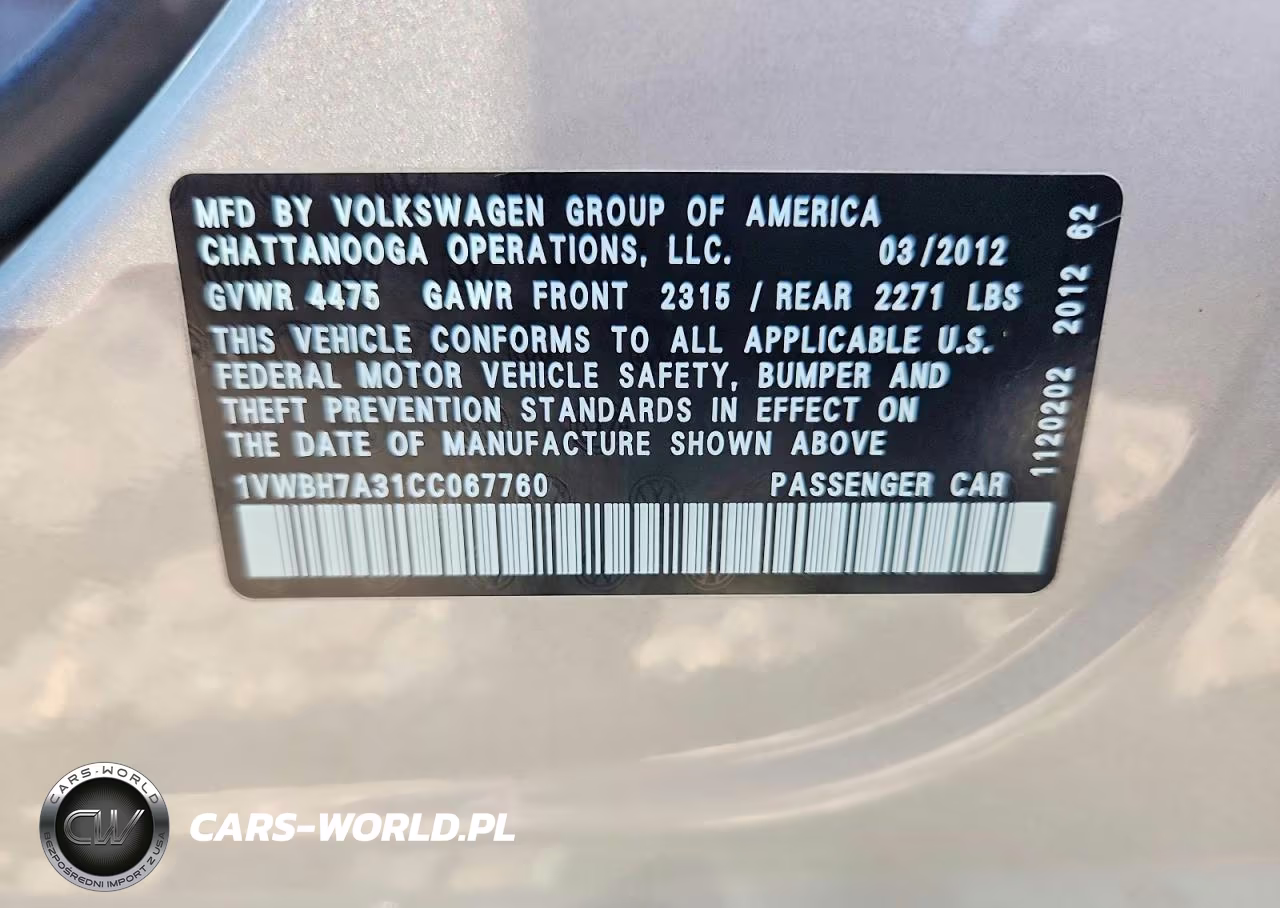 2012 Volkswagen Passat Se VIN:1VWBH7A31CC067760 - 12