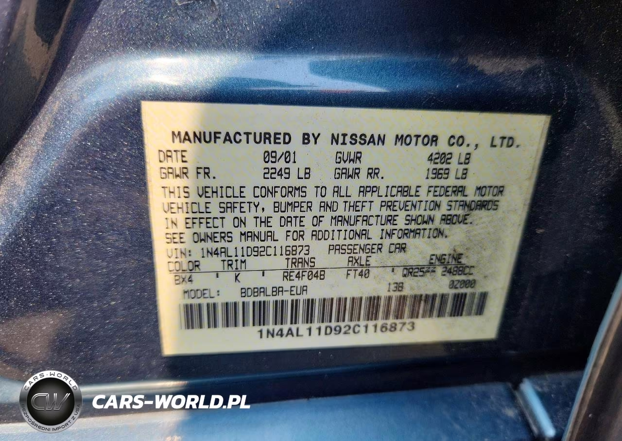 2002 Nissan Altima 2.5 VIN:1N4AL11D92C116873 - 12