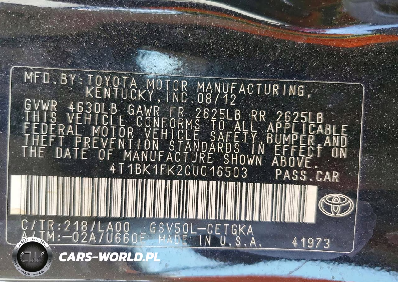 2012 Toyota Camry Xle V6 VIN:4T1BK1FK2CU016503 - 13