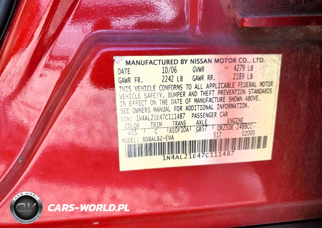 2007 Nissan Altima 2.5 VIN:1N4AL21E47C111487 - 12