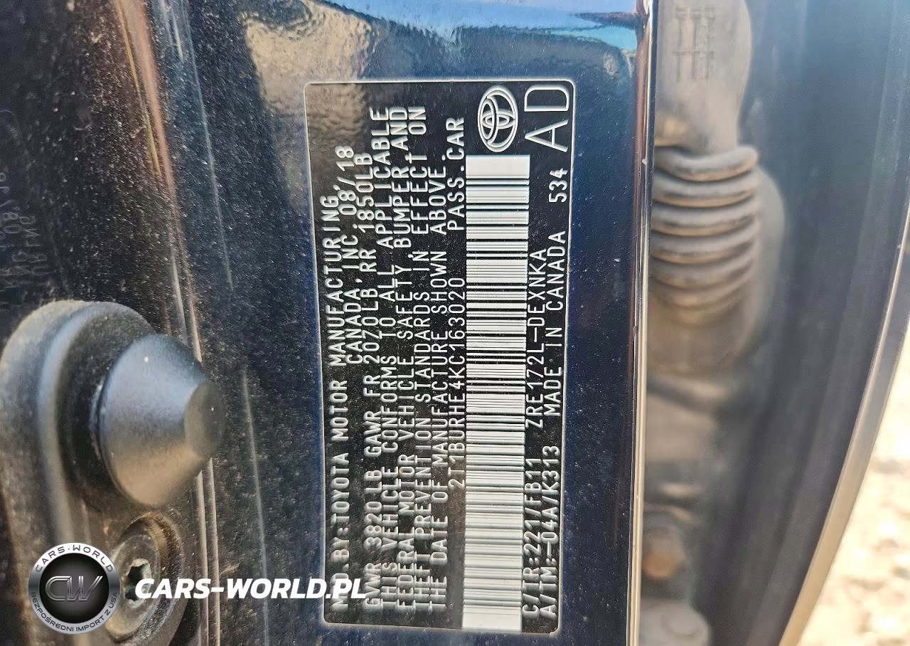 2019 Toyota Corolla Le VIN:2T1BURHE4KC163020 - 12