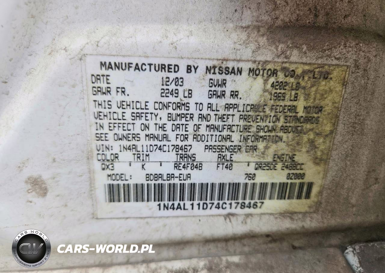 2004 Nissan Altima 2.5 VIN:1N4AL11D74C178467 - 12