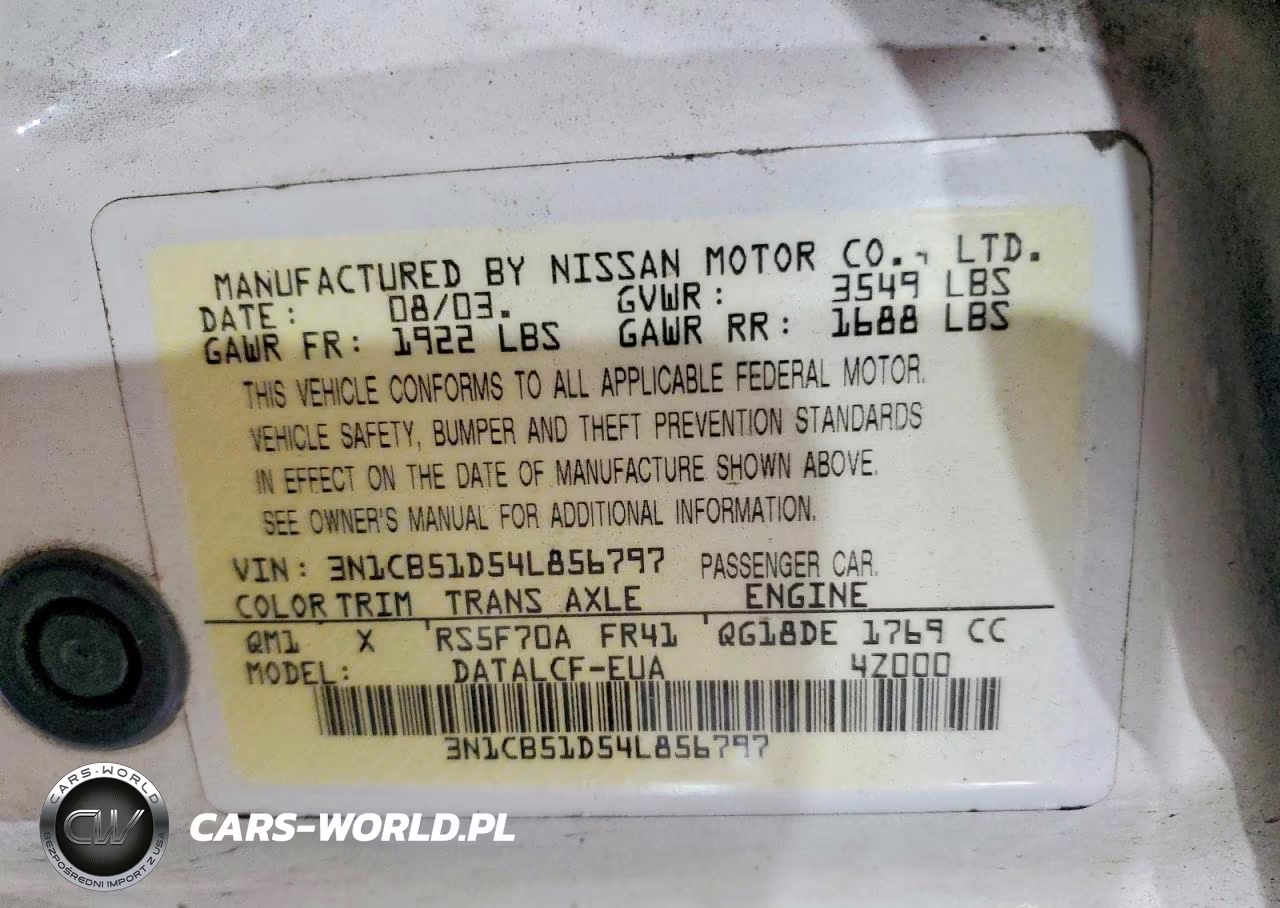 2004 Nissan Sentra 1.8 VIN:3N1CB51D54L856797 - 13