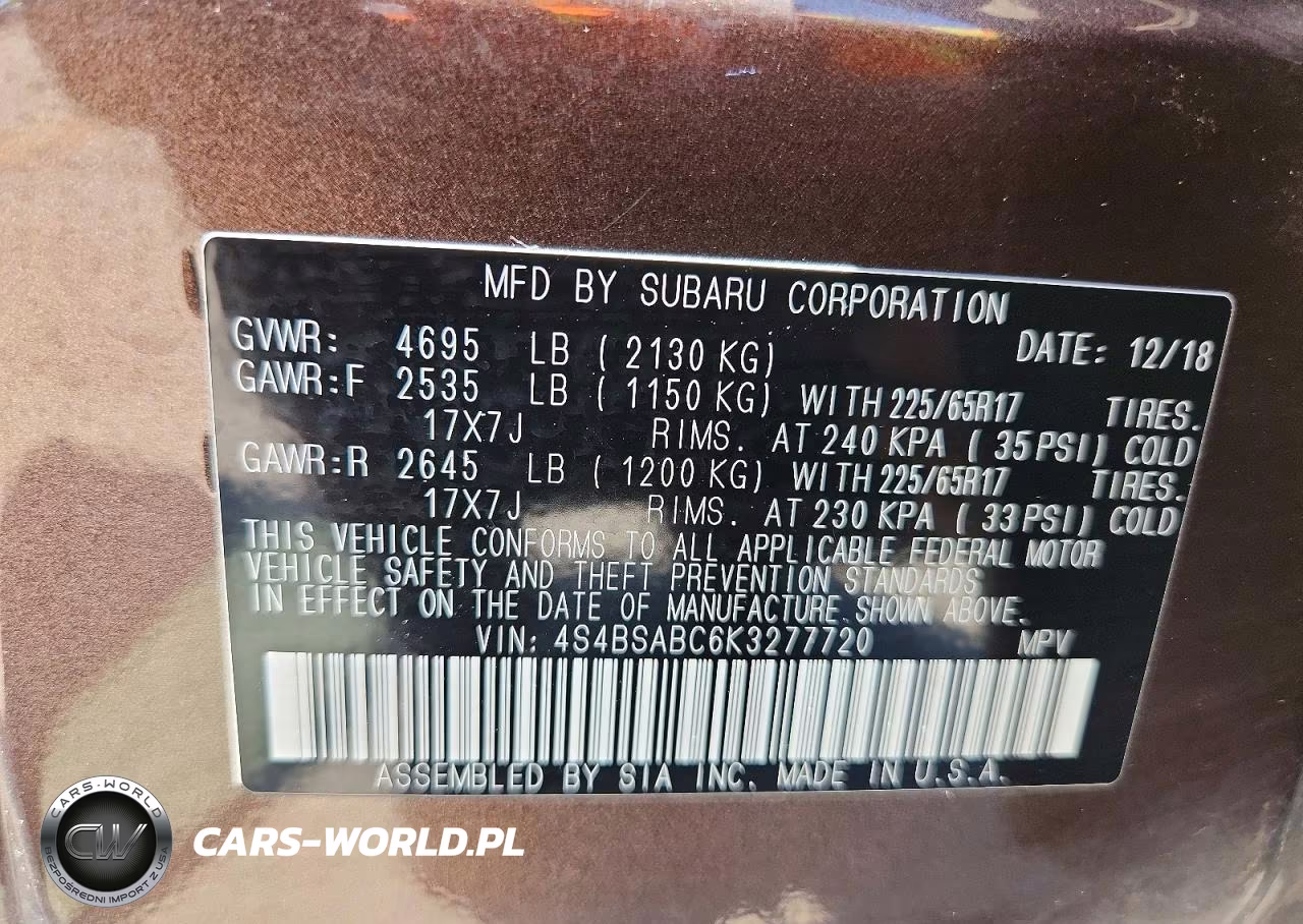 2019 Subaru Outback 2.5I VIN:4S4BSABC6K3277720 - 14