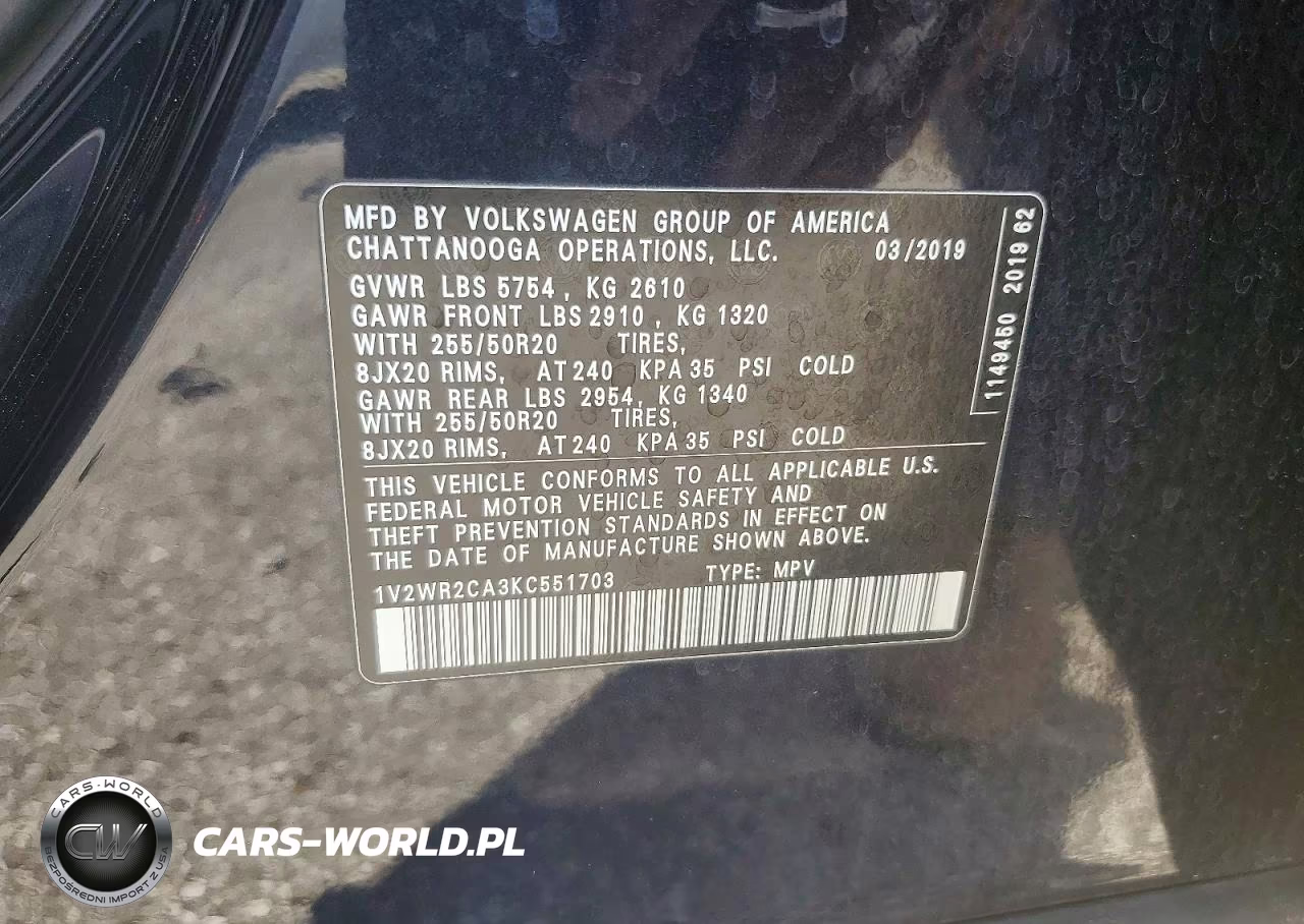 2019 Volkswagen Atlas Se VIN:1V2WR2CA3KC551703 - 12