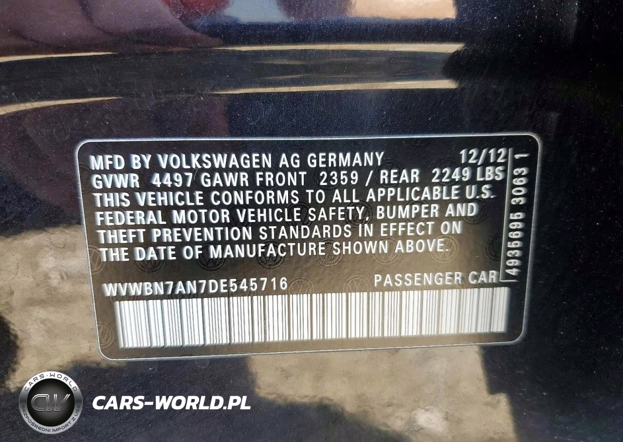 2013 Volkswagen Cc Sport VIN:WVWBN7AN7DE545716 - 12