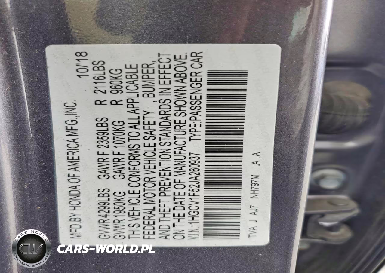 2018 Honda Accord Exl VIN:1HGCV1F52JA260937 - 12