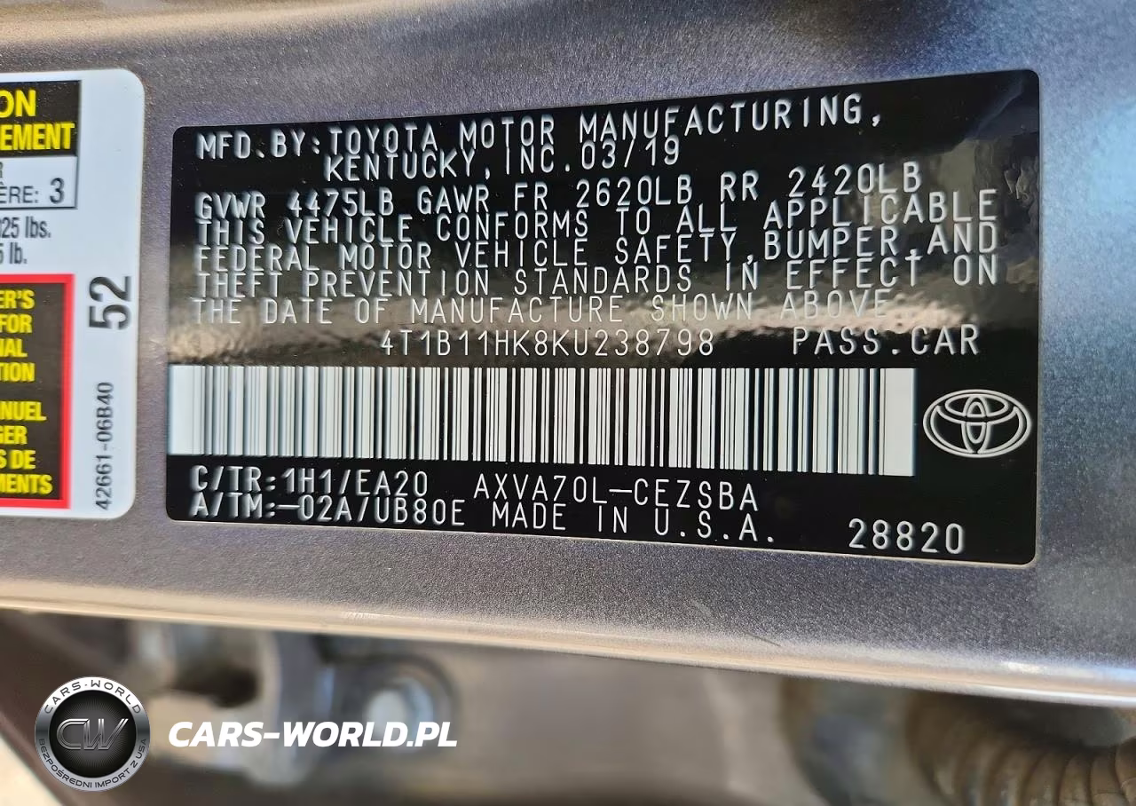2019 Toyota Camry Se VIN:4T1B11HK8KU238798 - 12
