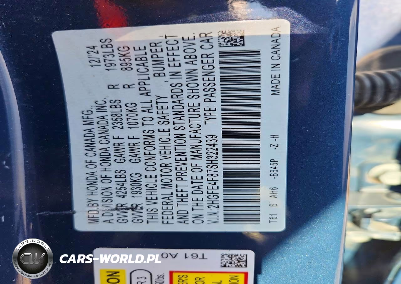 2025 Honda Civic Sport VIN:2HGFE4F87SH322439 - 13