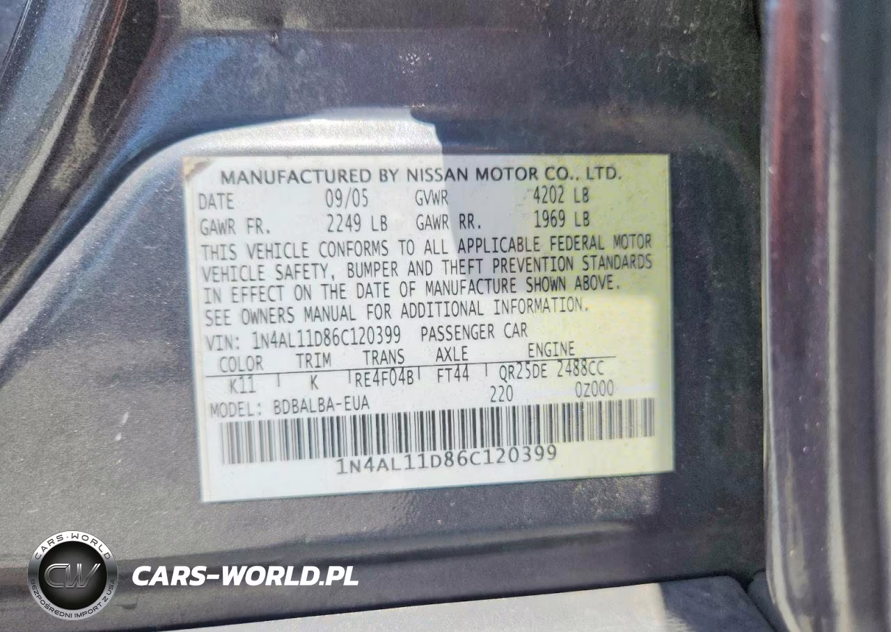 2006 Nissan Altima 2.5 VIN:1N4AL11D86C120399 - 12