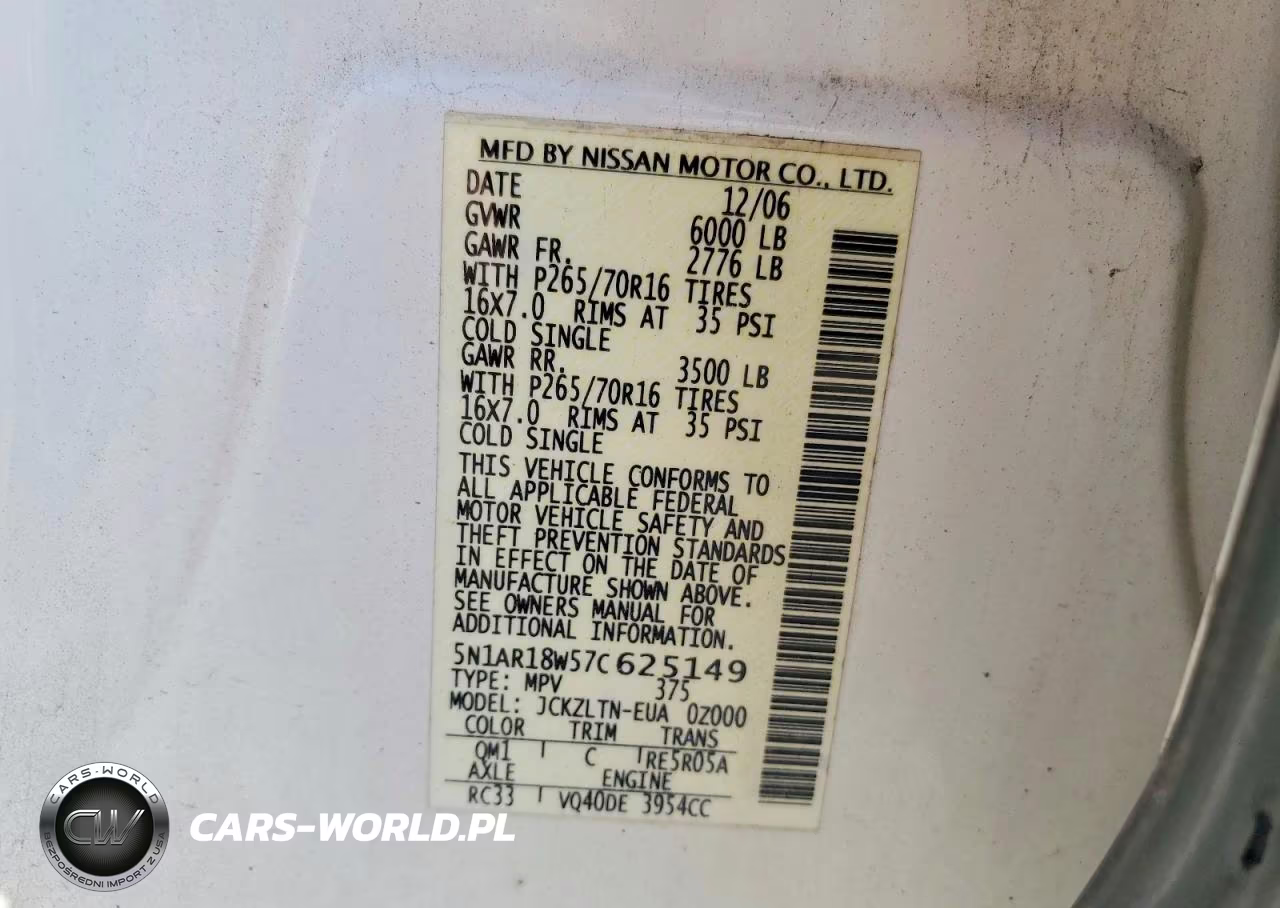 2007 Nissan Pathfinder S VIN:5N1AR18W57C625149 - 13