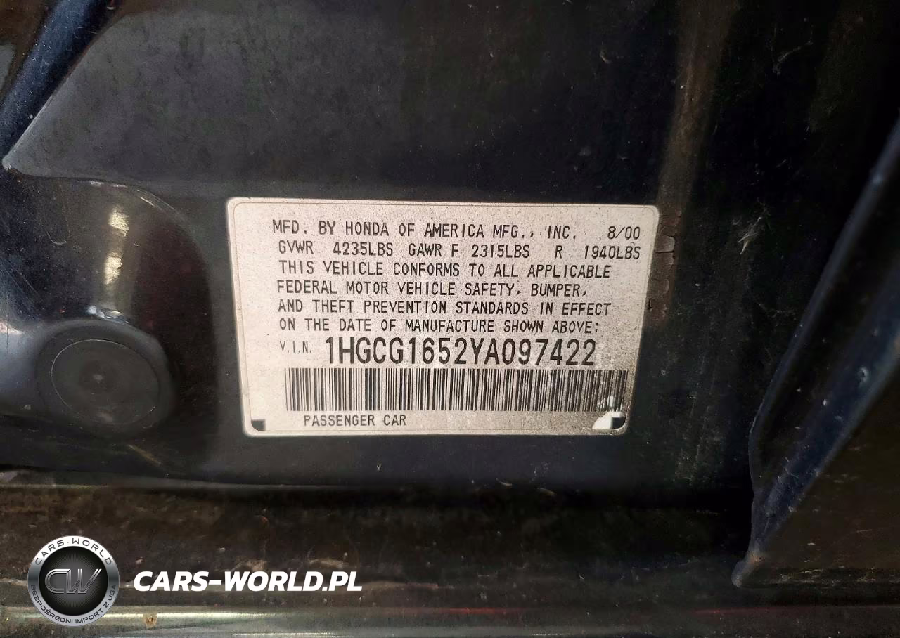 2000 Honda Accord Ex VIN:1HGCG1652YA097422 - 12