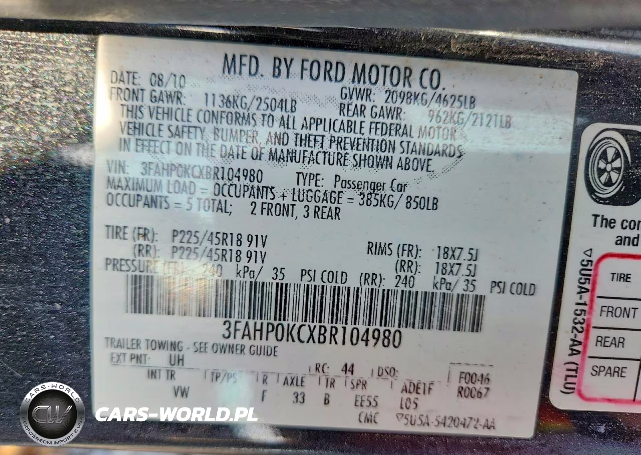 2011 Ford Fusion Sport VIN:3FAHP0KCXBR104980 - 12