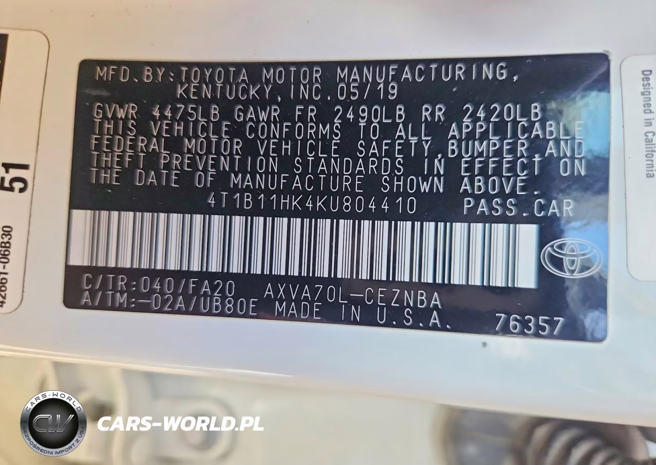 2019 Toyota Camry Le VIN:4T1B11HK4KU804410 - 12
